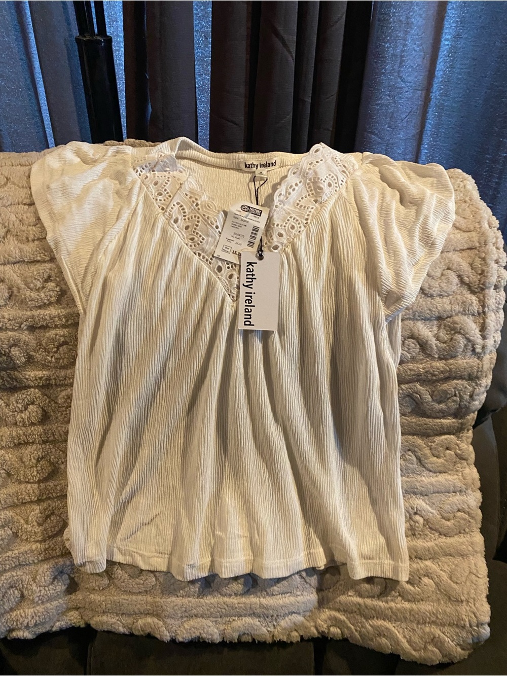 kathy ireland Ivory Lace-Trim V-Neck Peasant Top